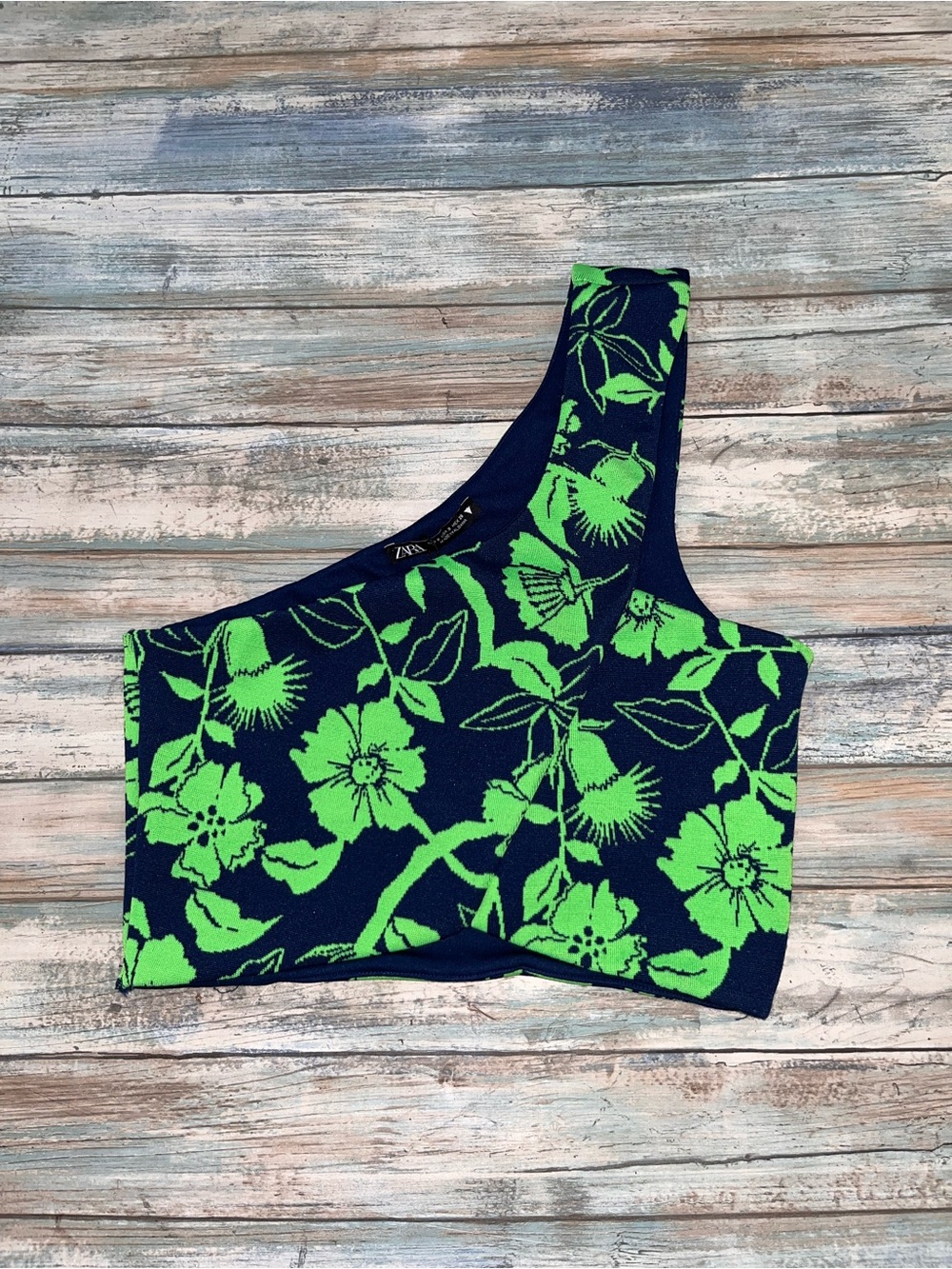 Zara One Shoulder Green Floral Crop Top NWT Small Tropical Resort Party - Picture 2 of 6